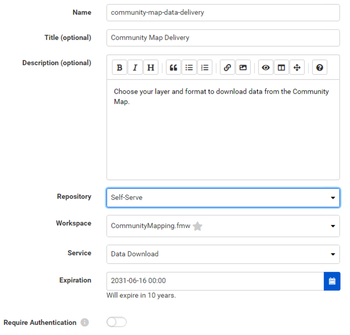 Filling out the Server App parameters.